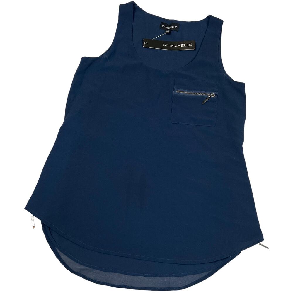 My Michelle Tank Top Blouse Navy Sleeveless Scoop Neck Zip Detail NWT Women's XS